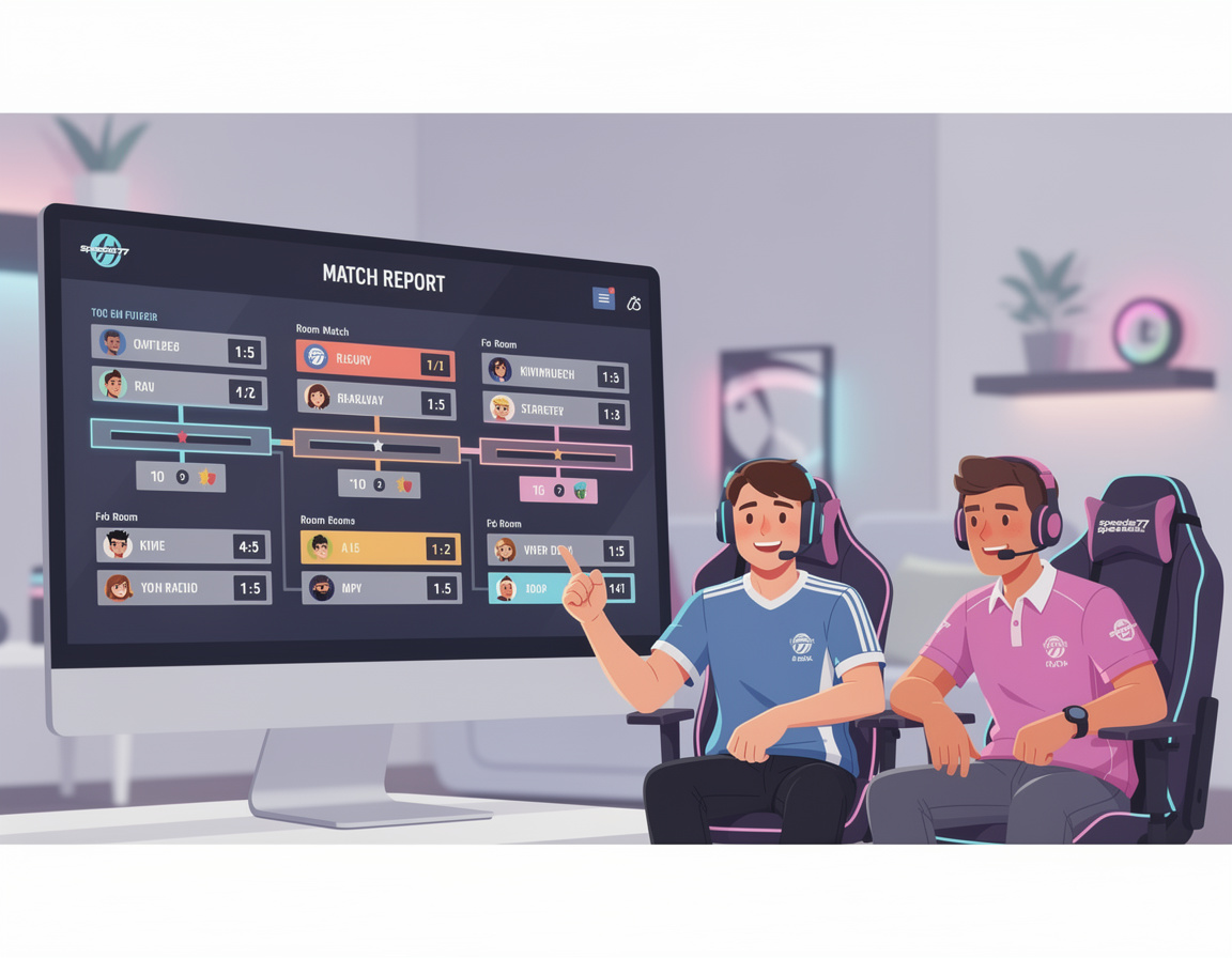 Ilustrasi match report komunitas setelah ronde selesai untuk turnamen game online speedbet77 dengan bracket dan room match